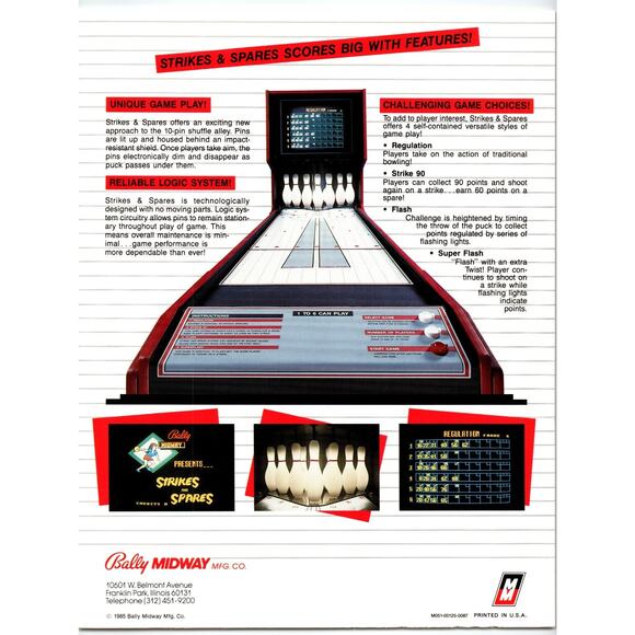 Bally Midway Strikes & Spares Shuffle Bowling Arcade Flyer 1985 Orig. Vintage - Picture 2 of 2